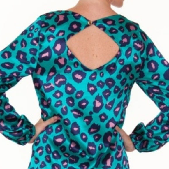 Satin Purple Teal Animal Print Long Sleeve Blouse - Picture 4 of 6
